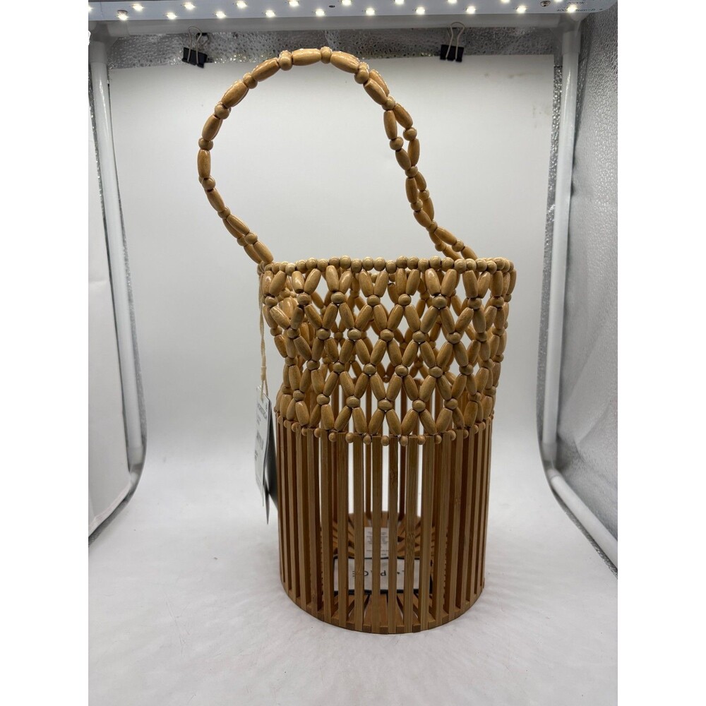 L*Space Casanova Handbag Natural Wood Beaded Vacation Bucket Bag 9" - Picture 2 of 13
